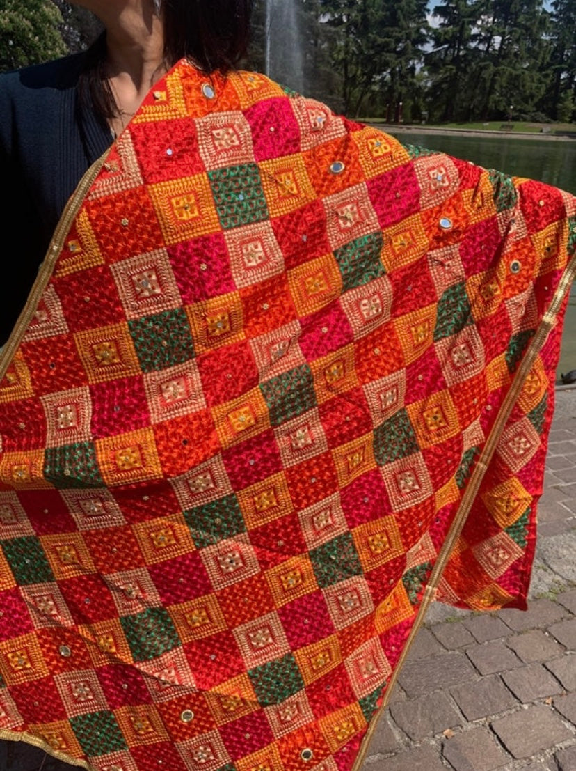 Handmade Traditional multicolour Phulkari Dupatta with mirror gota and thread with geometric design from Punjab India