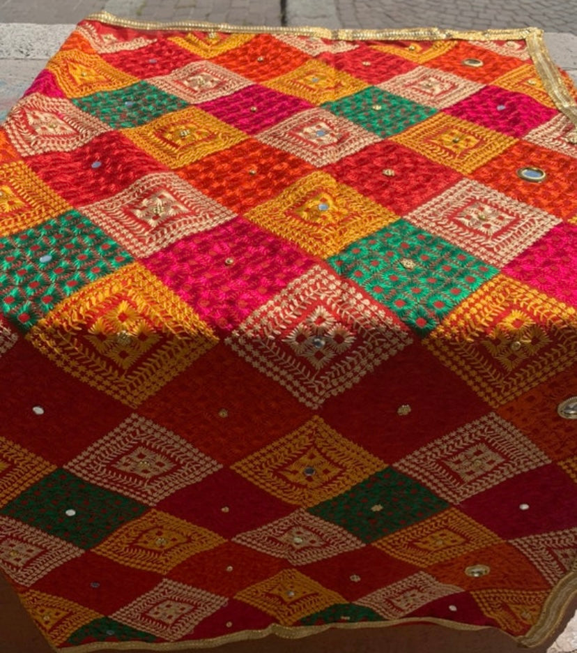 Handmade Traditional multicolour Phulkari Dupatta with mirror gota and thread with geometric design from Punjab India