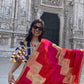 Handmade elegant Phulakari dupatta peach orange and beige colour with golden border from Punjab Phulkari