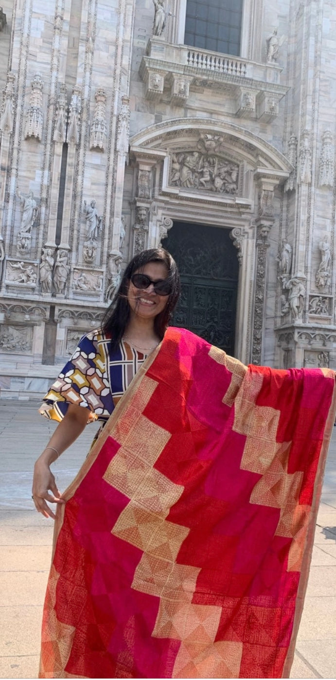 Handmade elegant Phulakari dupatta peach orange and beige colour with golden border from Punjab Phulkari