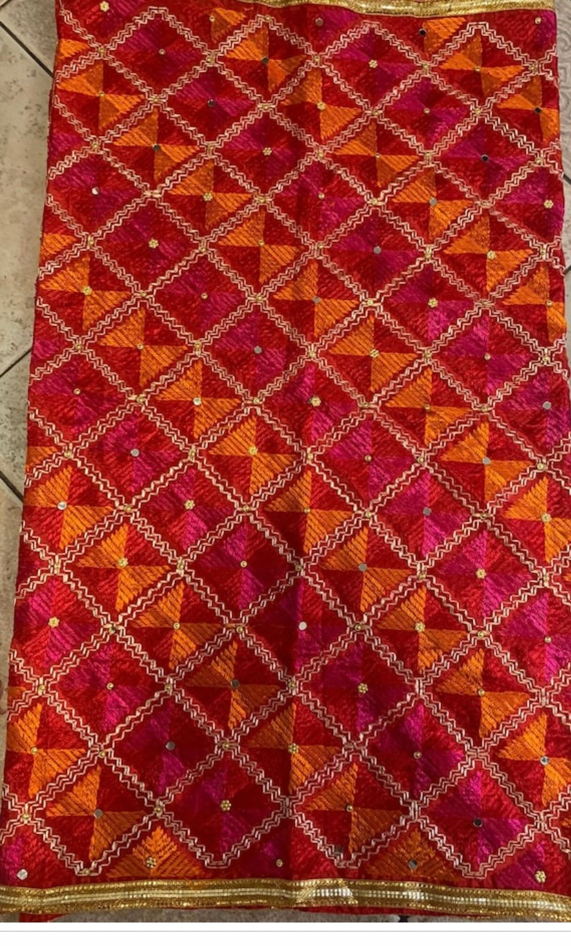 Handmade traditional elegant orange pink colour Phulkari dupatta with mirror golden leaf thread hand work