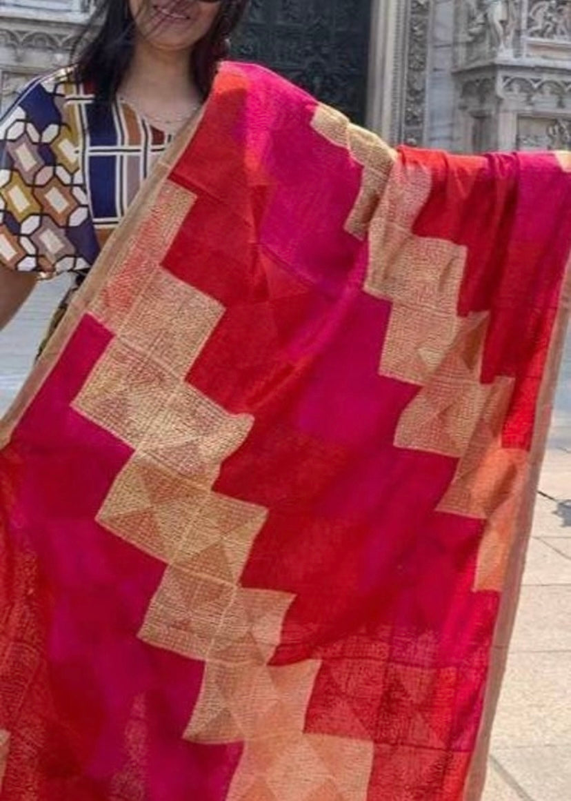 Handmade elegant Phulakari dupatta peach orange and beige colour with golden border from Punjab Phulkari