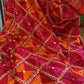 Handmade traditional elegant orange pink colour Phulkari dupatta with mirror golden leaf thread hand work