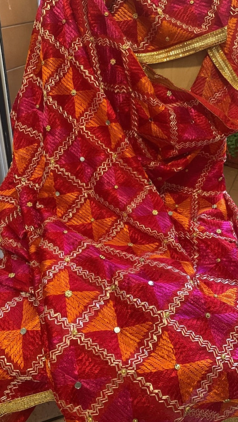 Handmade traditional elegant orange pink colour Phulkari dupatta with mirror golden leaf thread hand work