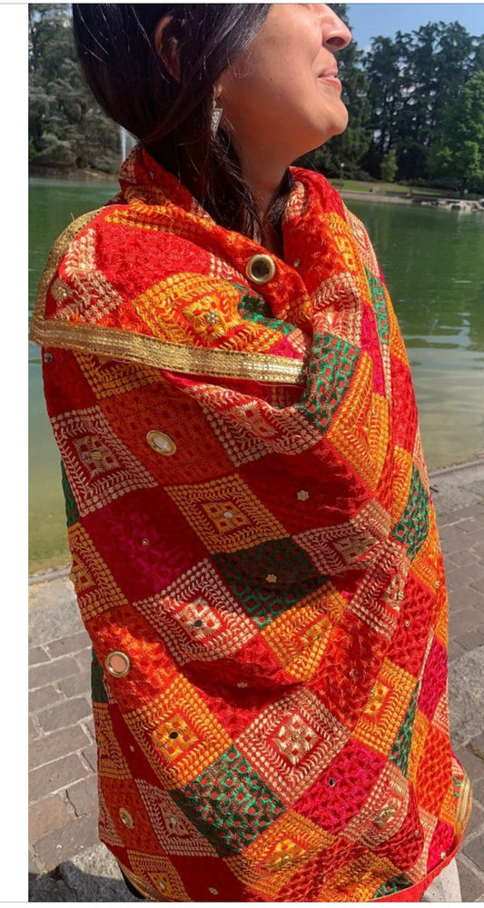 Handmade Traditional multicolour Phulkari Dupatta with mirror gota and thread with geometric design from Punjab India