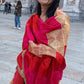 Handmade elegant Phulakari dupatta peach orange and beige colour with golden border from Punjab Phulkari