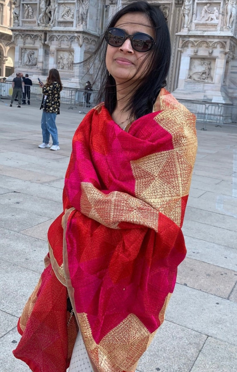 Handmade elegant Phulakari dupatta peach orange and beige colour with golden border from Punjab Phulkari