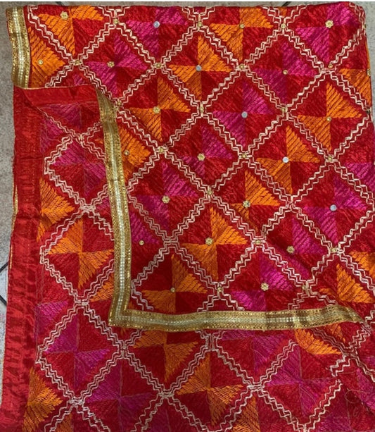 Handmade traditional elegant orange pink colour Phulkari dupatta with mirror golden leaf thread hand work